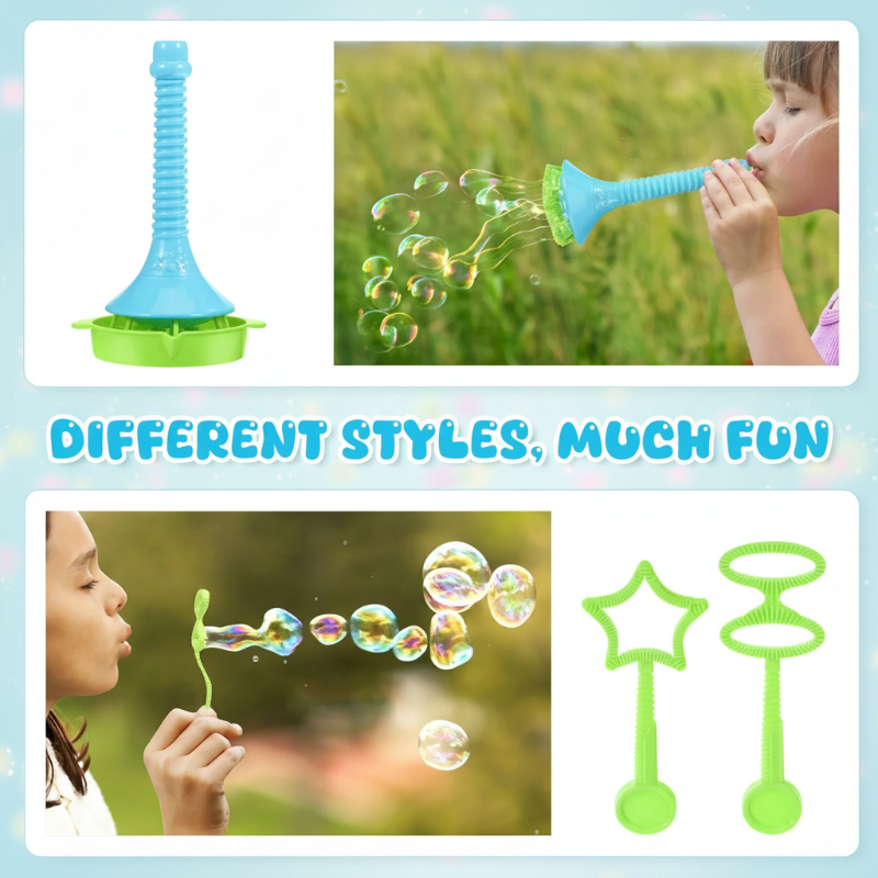 Children blowing bubbles with the long blue blower and a separate green wand