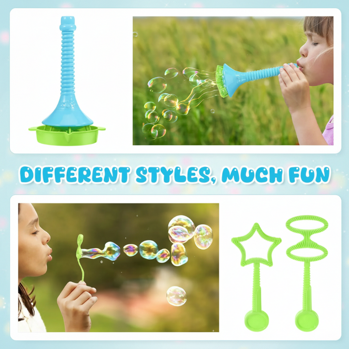 Children blowing bubbles with the long blue blower and a separate green wand
