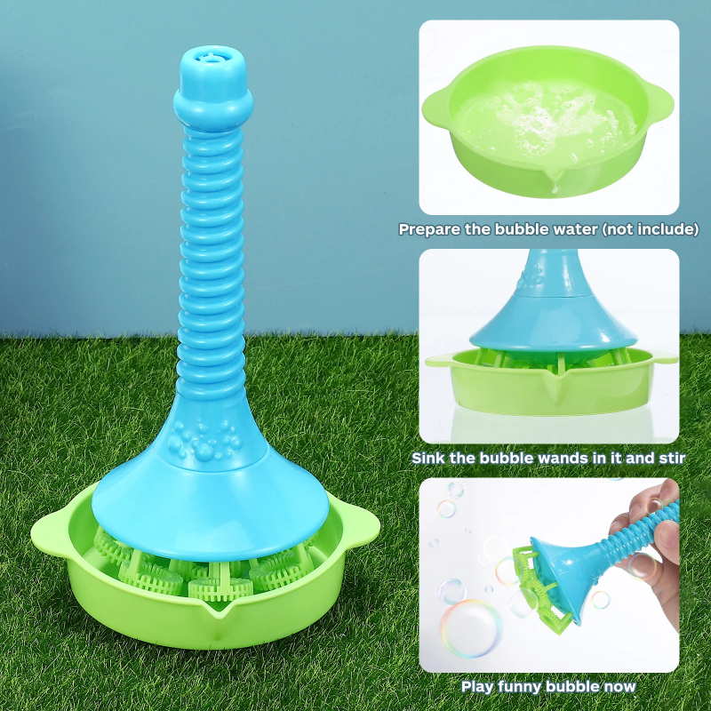 Blue bubble blower in a green tray, with steps showing dipping and blowing