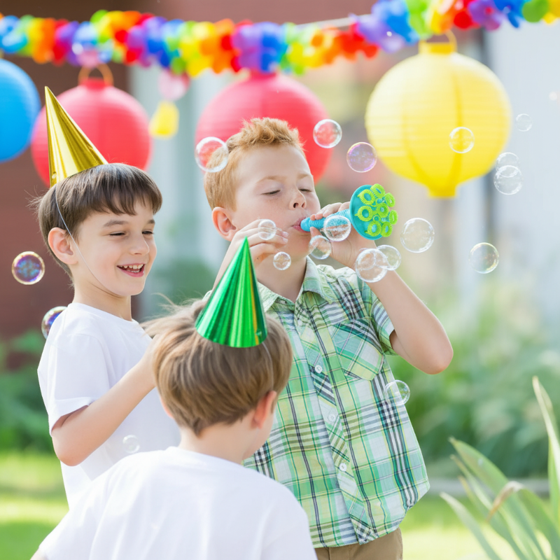 Children using the blue and green bubble blower at an outdoor birthday party
