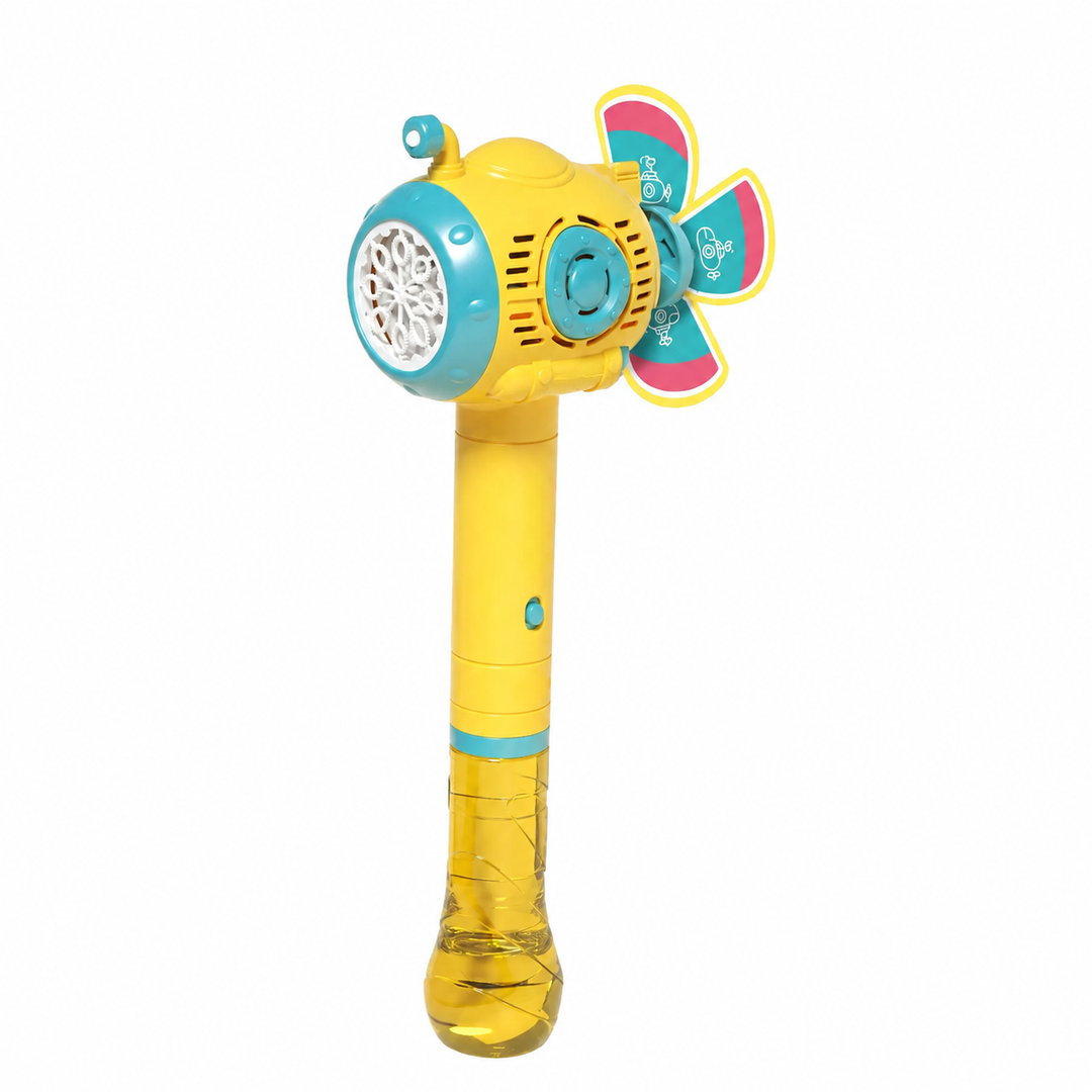 Angled view of the yellow bubble blower with teal and pink propeller blades and a clear yellow reservoir.
