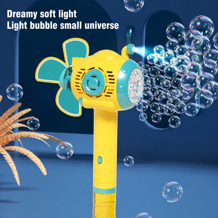 Yellow bubble blower with a glowing front outlet, teal accents, and a windmill-style propeller.