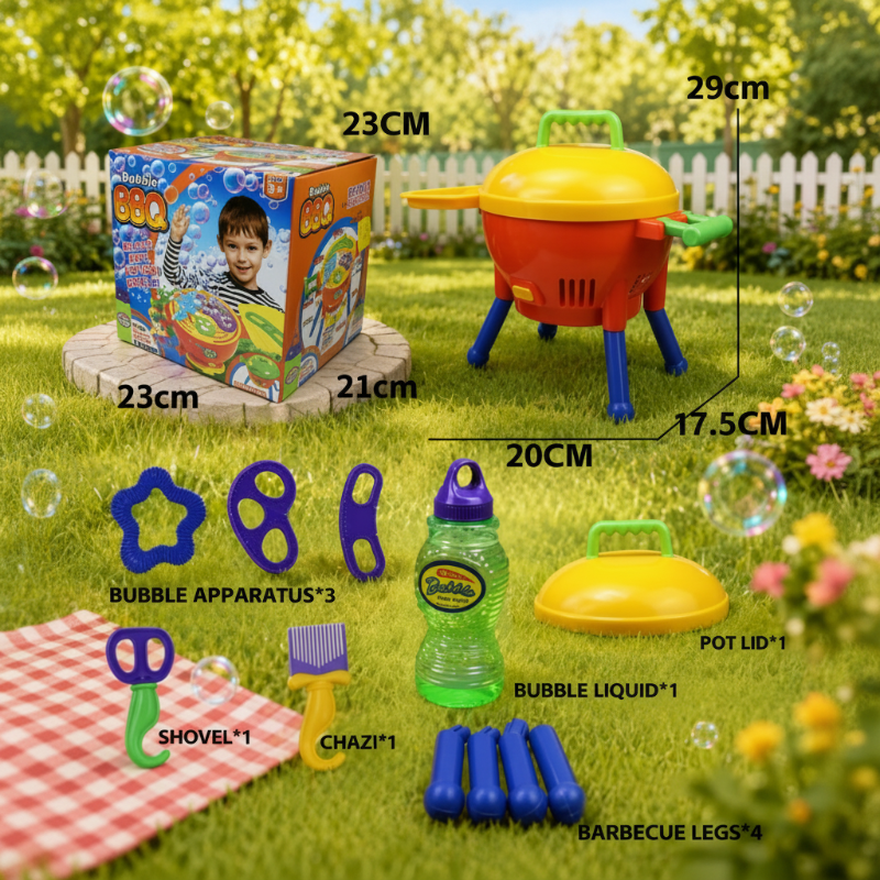Bubble grill and box dimensions with the included lid, wands, utensils, legs, and bubble solution.