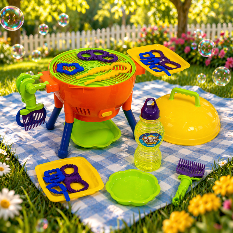Bubble grill with a yellow lid, side trays, bubble wands, and pretend grilling utensils outdoors.