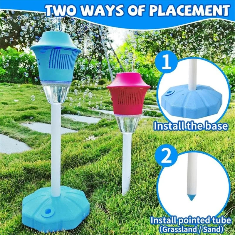 Blue bubble lamp on a round base and red lamp with a pointed pole, shown outdoors with bubbles.
