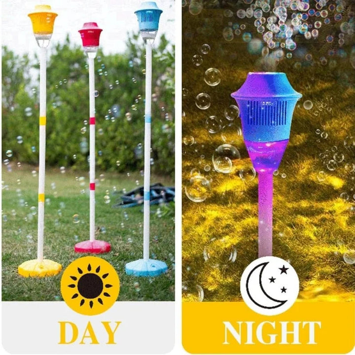 Bubble lamps on freestanding bases by day and a glowing lamp surrounded by bubbles at night.