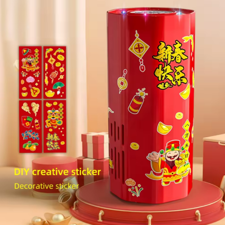 Red bubble machine displayed next to decorative sticker sheets