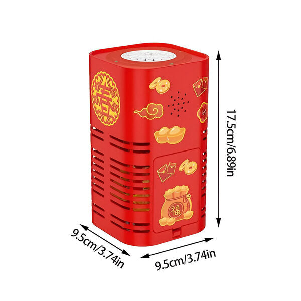 Red bubble machine measuring 17.5 cm tall and 9.5 cm wide and deep