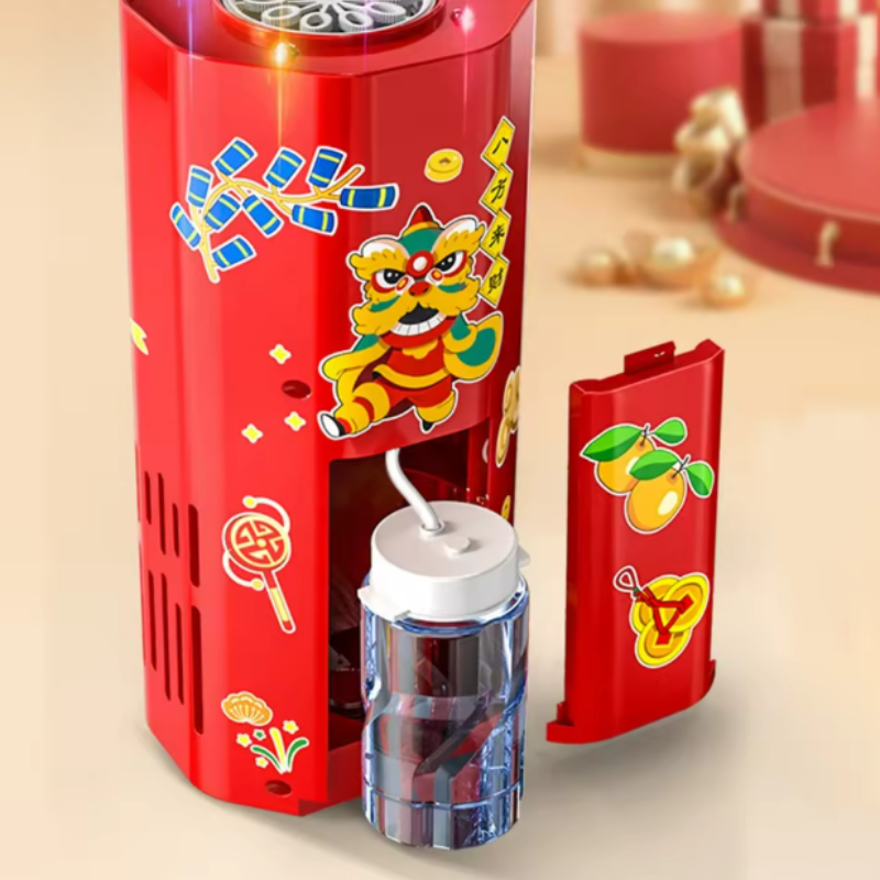 Red bubble machine with its side cover removed beside a clear container with a tube
