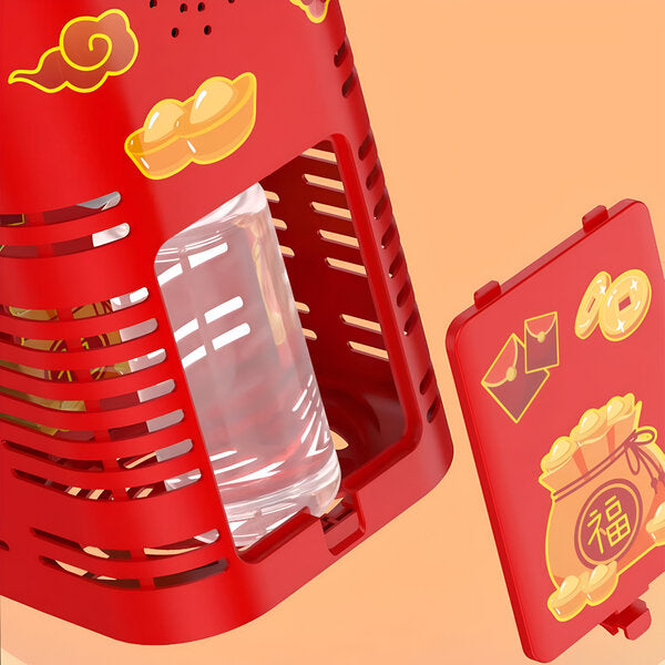 Open side compartment showing the clear bubble solution tank inside the red machine