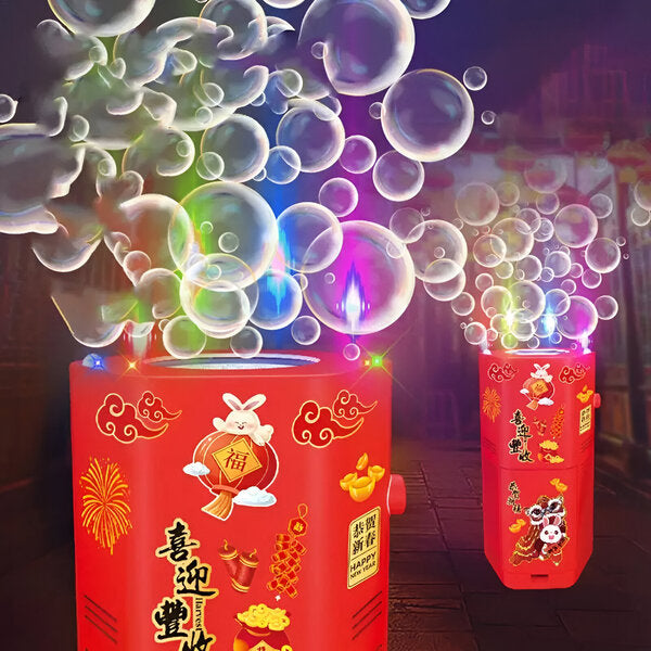 Two red bubble machines shown with bubbles and multicolored light effects at night