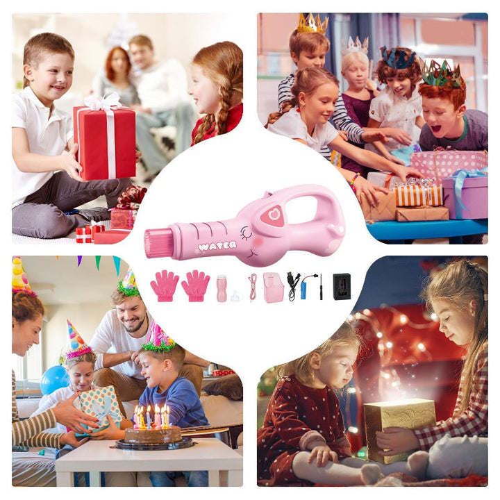 Pink bubble maker and accessories surrounded by birthday and gift-giving scenes