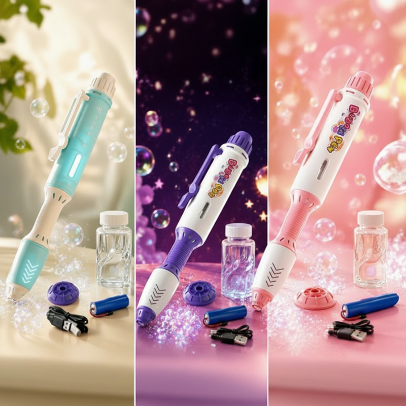 Blue, purple, and pink bubble pens displayed with caps, batteries, and charging cables.