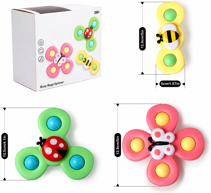 Packaging and measurement diagrams for bee, ladybug, and butterfly bath spinners