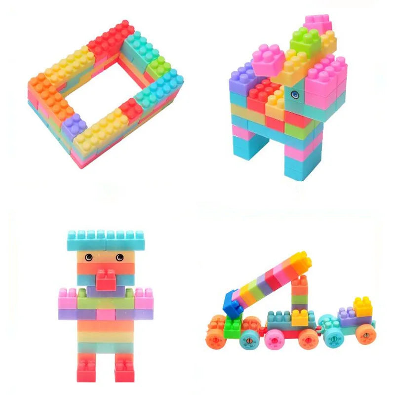 Four colorful block builds: a rectangular frame, an animal, a character, and a wheeled vehicle
