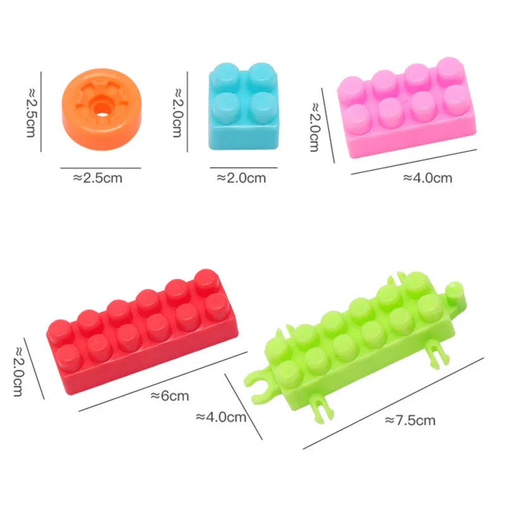 Measurement chart showing approximate sizes of a wheel and four colorful building pieces