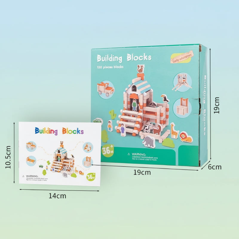 Construction set box marked 19 × 19 × 6 cm beside the illustrated instruction booklet