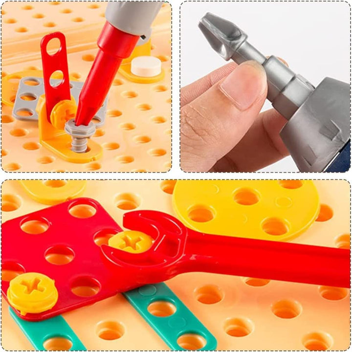 Close-ups of a screwdriver, drill bit, and wrench connecting colorful building pieces