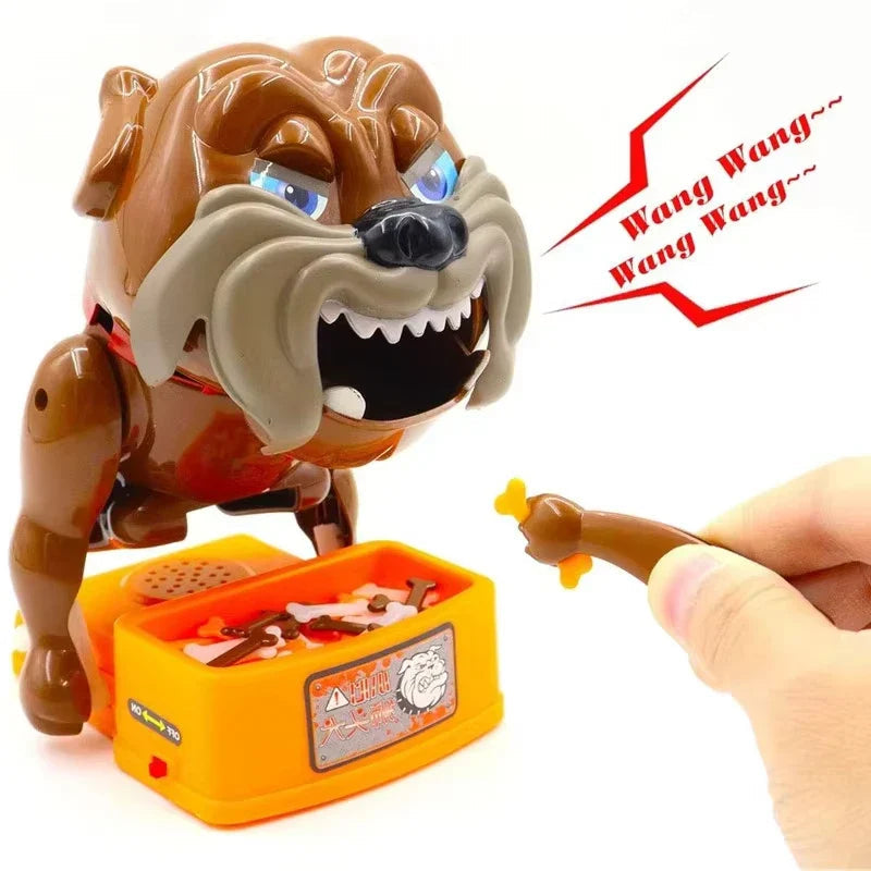A hand holds a bone beside the brown bulldog game and its orange basket