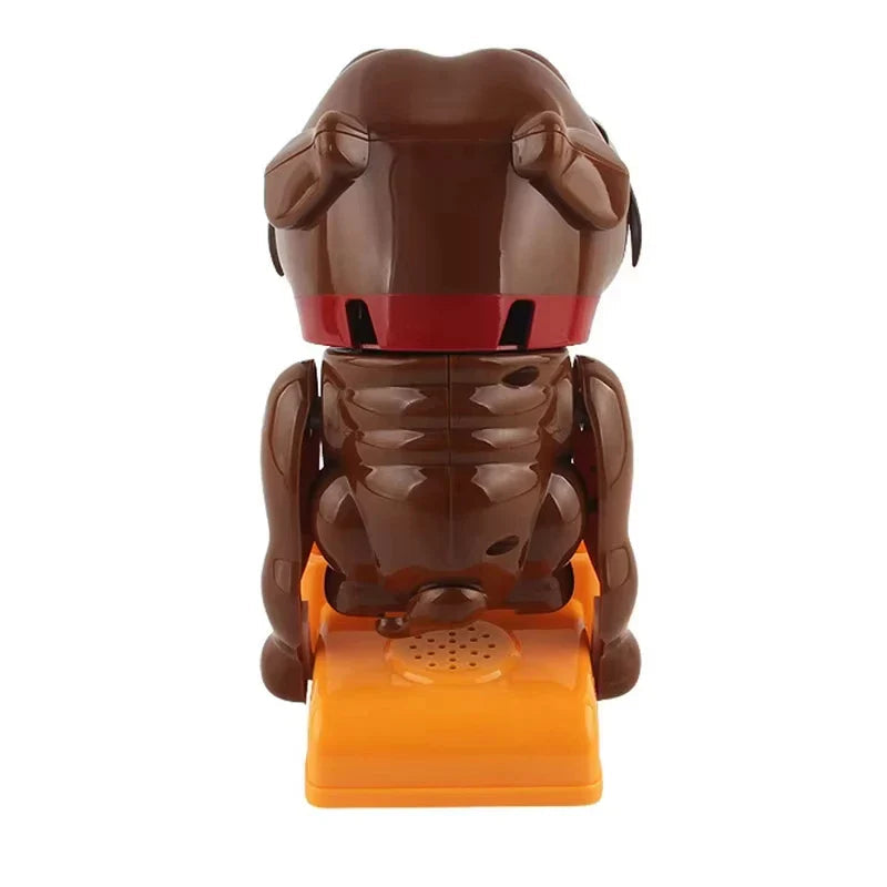 Rear view of the brown bulldog game on its orange base