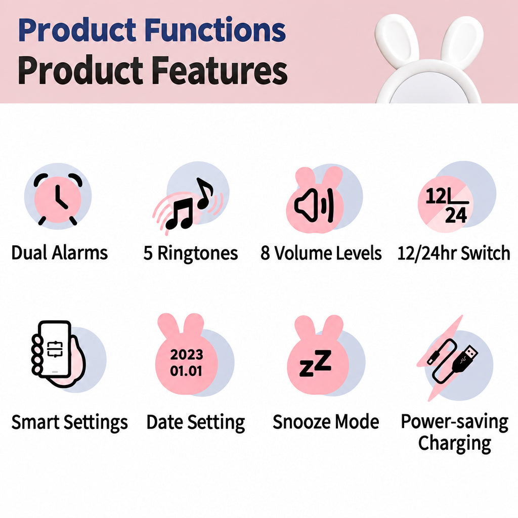 Bunny clock feature chart with dual alarm, snooze and clock-format icons