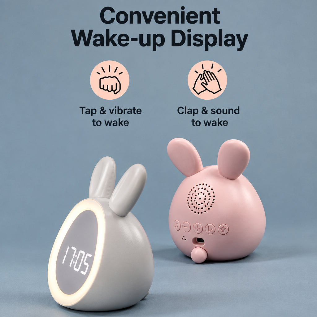 White bunny clock face and pink bunny clock rear buttons in a wake-up display graphic