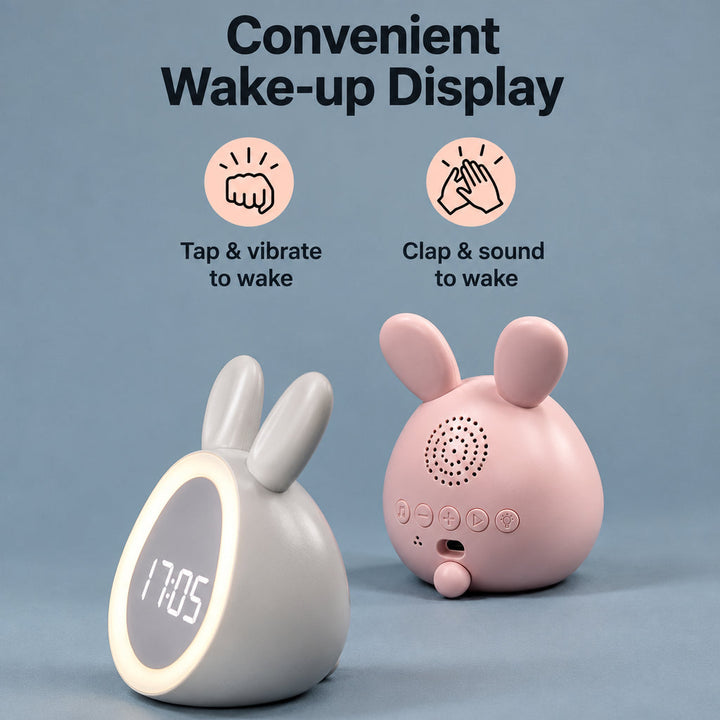 White bunny clock face and pink bunny clock rear buttons in a wake-up display graphic