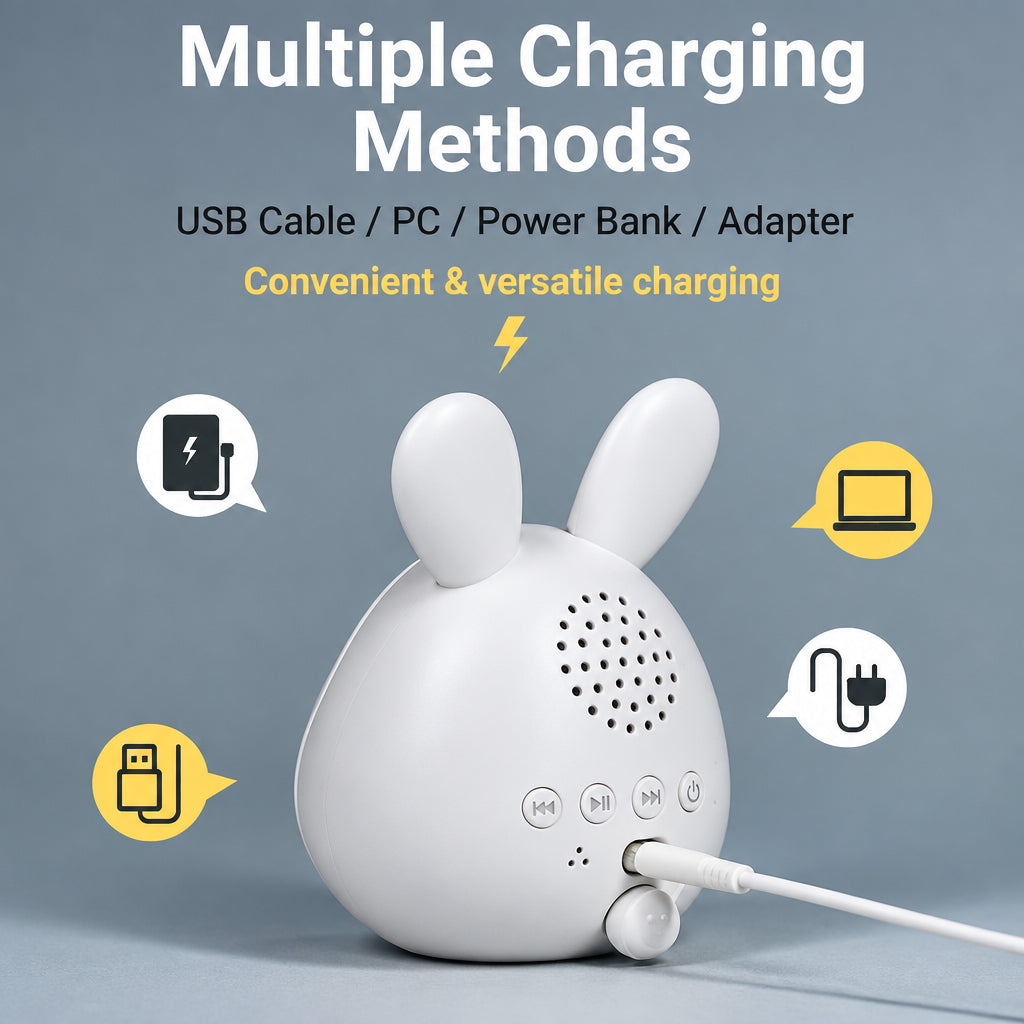 White bunny alarm clock viewed from the back with a USB charging cable connected