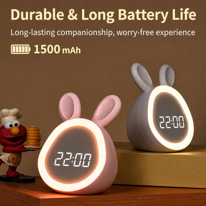 Pink and white bunny clocks with glowing light rings and a 1500 mAh battery label