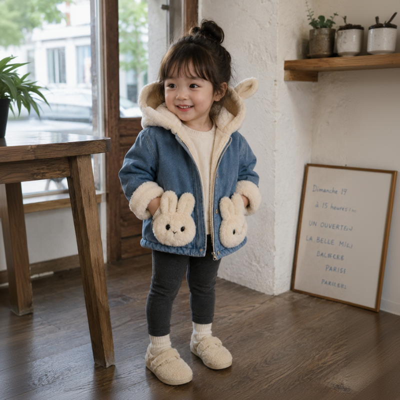 Child wearing a blue denim jacket with cream trim and bunny details on the front