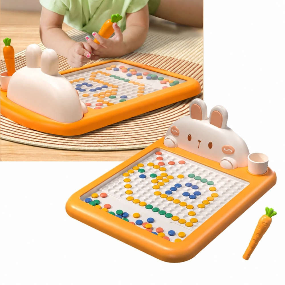 Child using the carrot-shaped magnetic pen beside a full view of the bunny drawing board