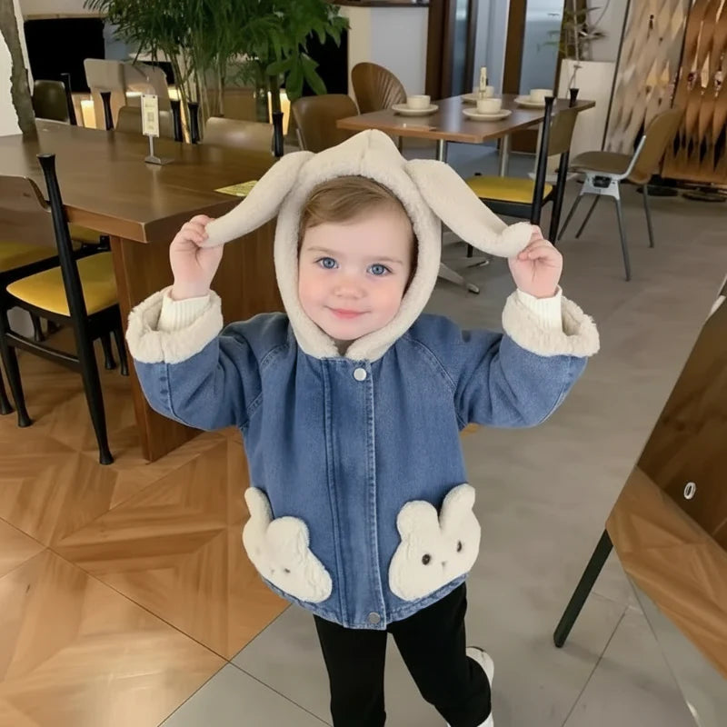 Child holding the long bunny ears on the hood of a blue denim jacket
