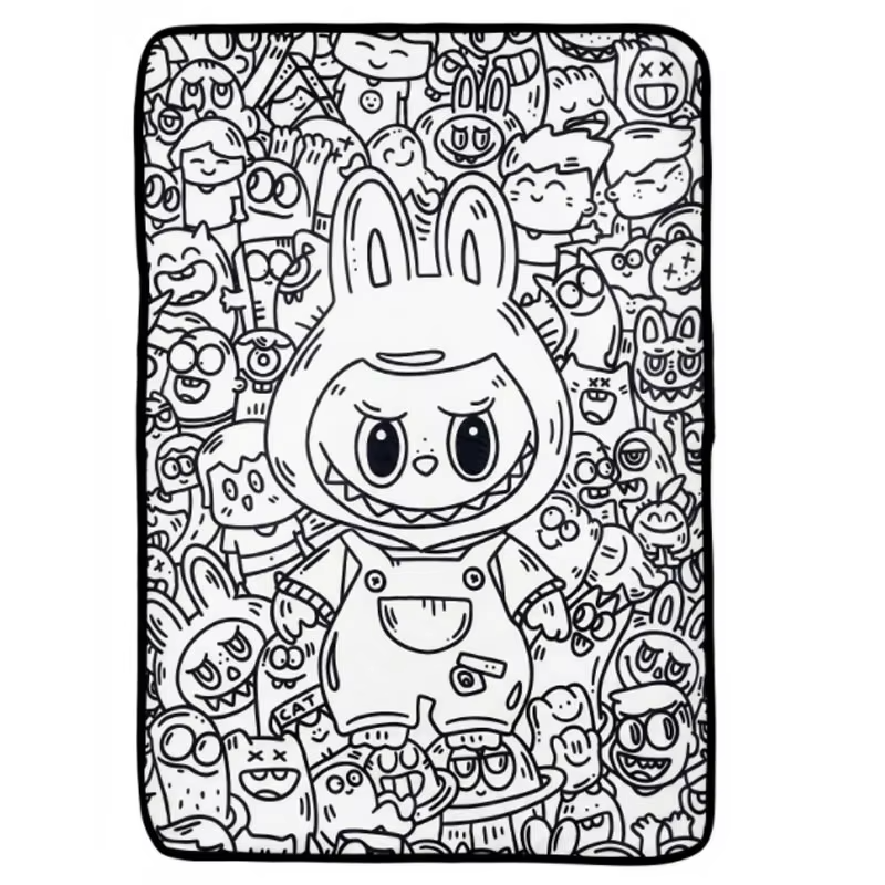 Coloring mat with a large bunny-eared character surrounded by smaller doodles