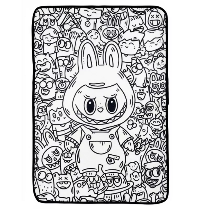 Coloring mat with a large bunny-eared character surrounded by smaller doodles