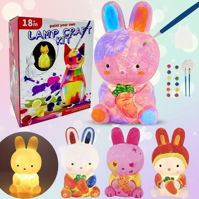 Painted bunny lamp with a carrot detail, painting supplies, and several rabbit color schemes.