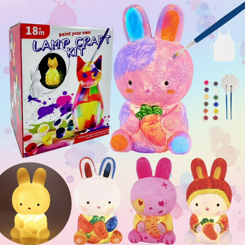 Bunny lamp painting kit with a pink rabbit design, painting supplies, and finished color ideas.