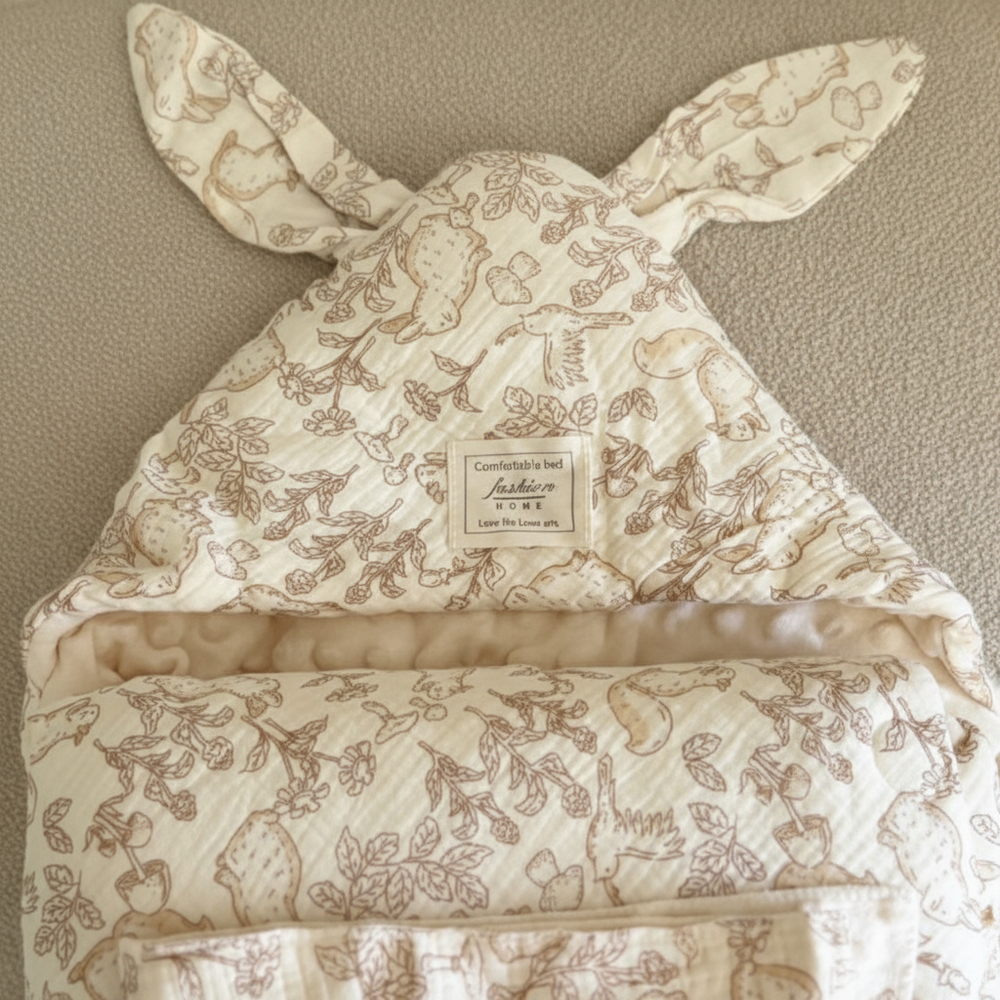 Bunny-print swaddle blanket with long hood ears and overlapping front folds