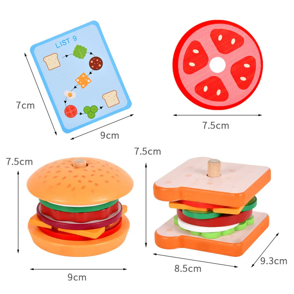Measurement guide for the hamburger and sandwich stacking toys, tomato piece, and order card