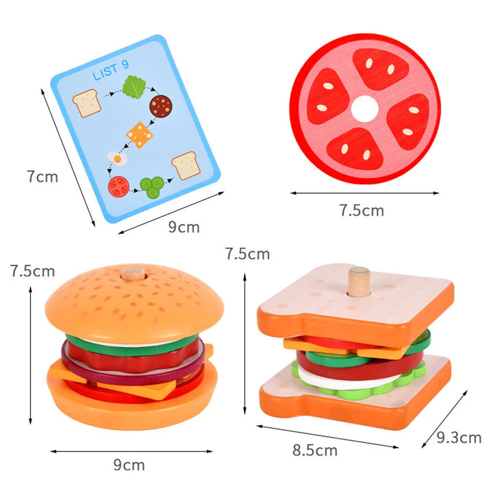 Measurement guide for the hamburger and sandwich stacking toys, tomato piece, and order card