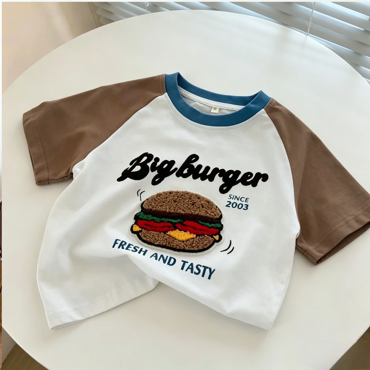 Burger graphic T-shirt with brown short raglan sleeves and a blue neckline