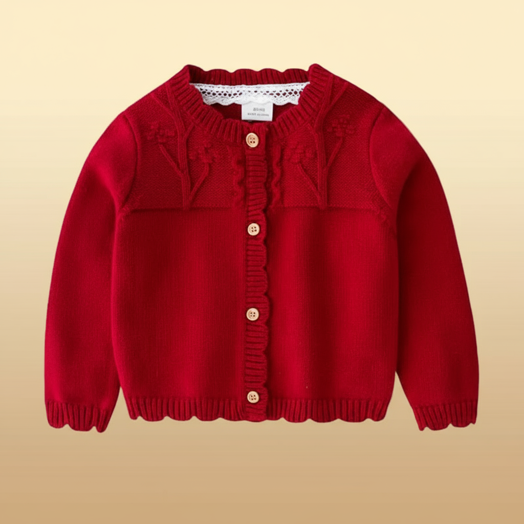 Burgundy baby cardigan with a textured yoke and scalloped button placket