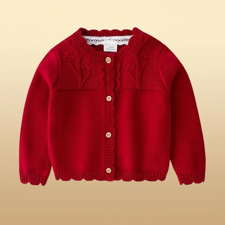 Burgundy baby cardigan with a textured yoke and scalloped button placket