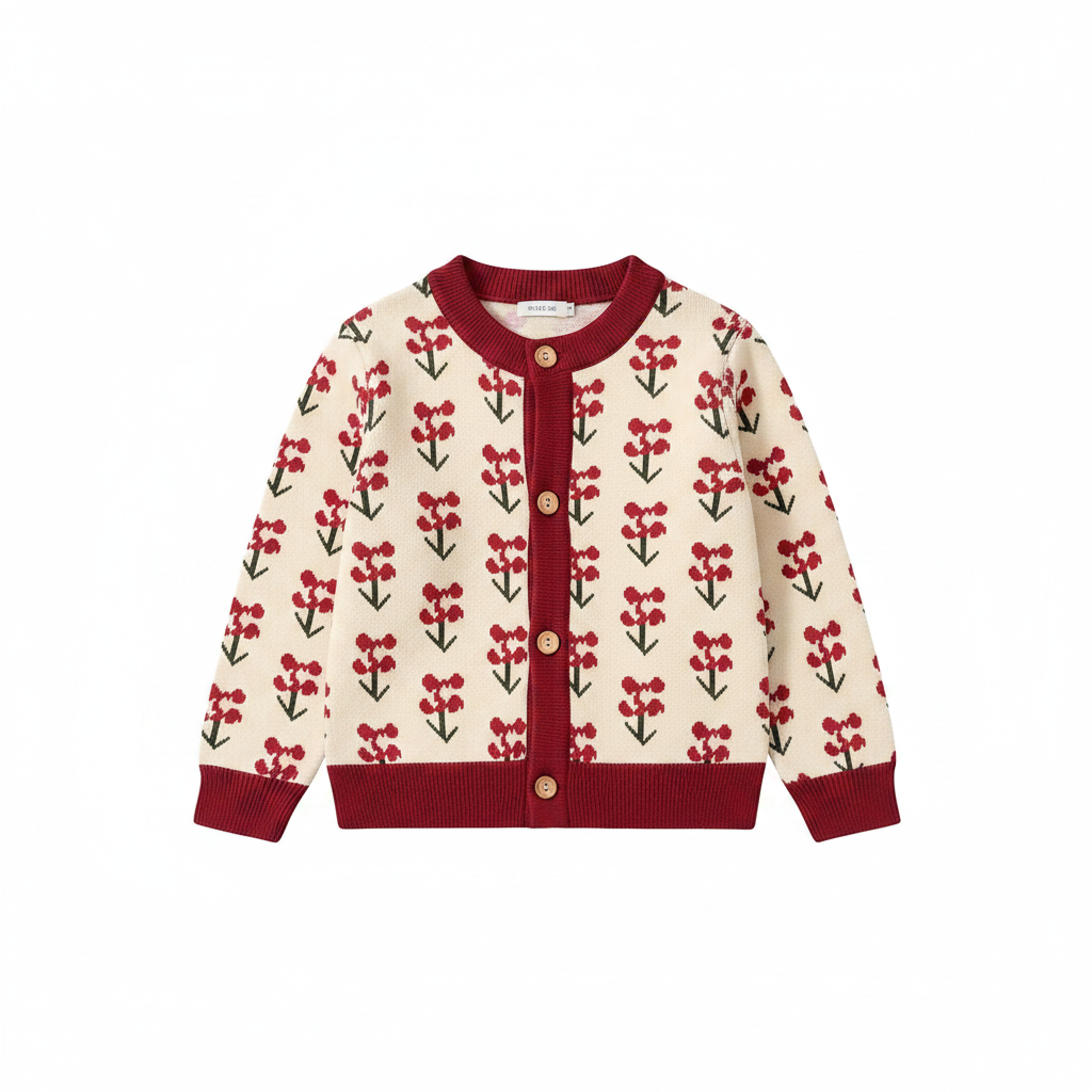 Cream knit cardigan with small red flowers and burgundy neckline, cuffs, and hem