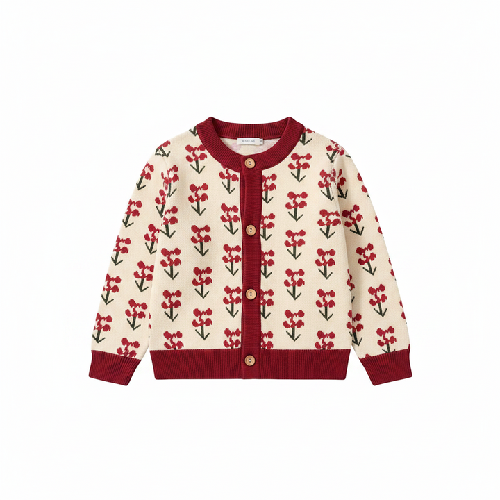 Cream knit cardigan with small red flowers and burgundy neckline, cuffs, and hem