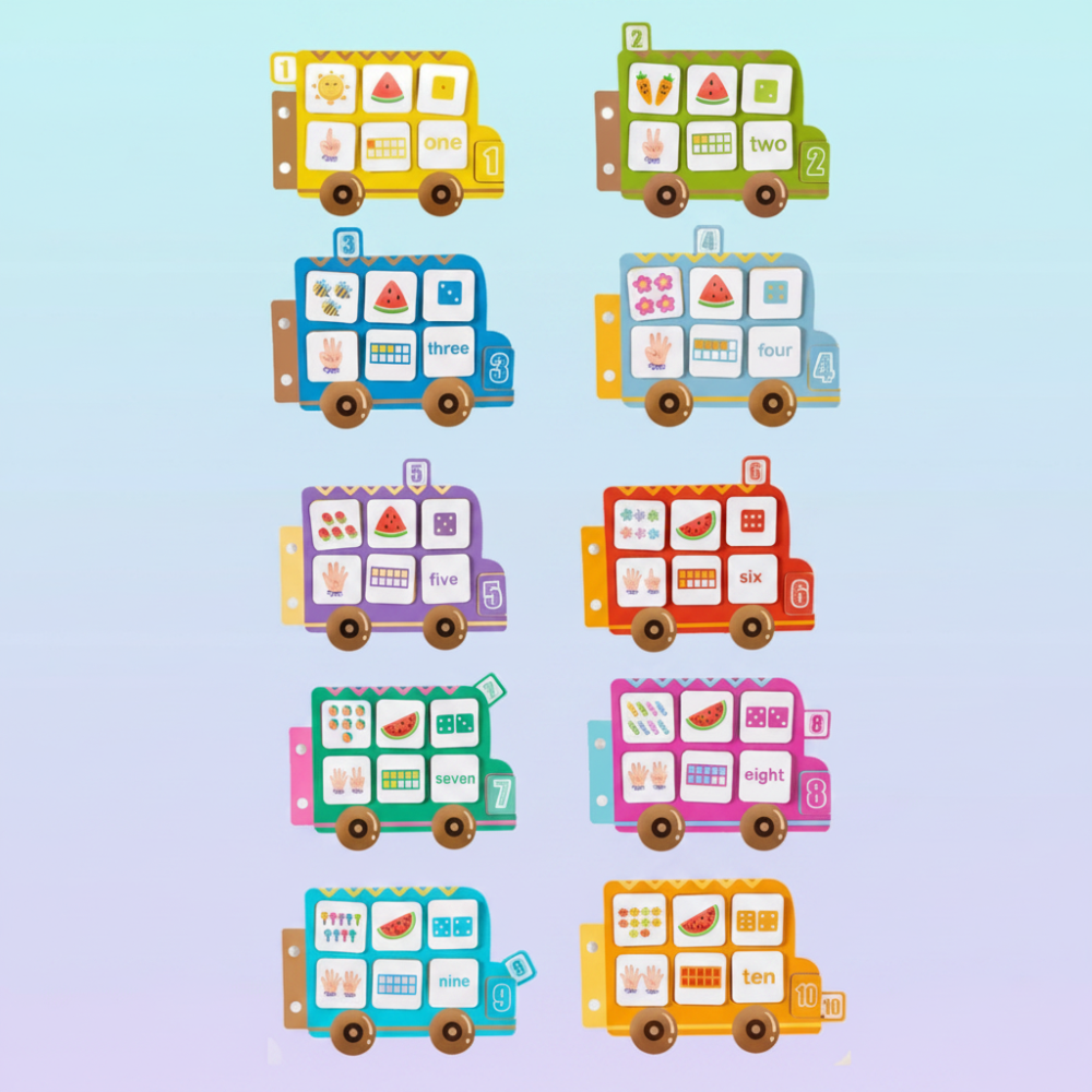 Ten colorful bus-shaped counting pages labeled one through ten.