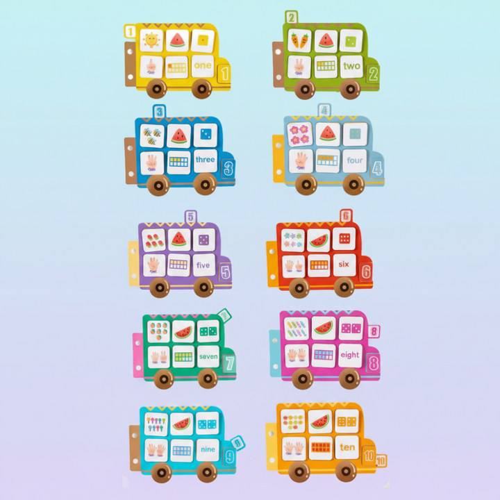 Ten colorful bus-shaped counting pages labeled one through ten.