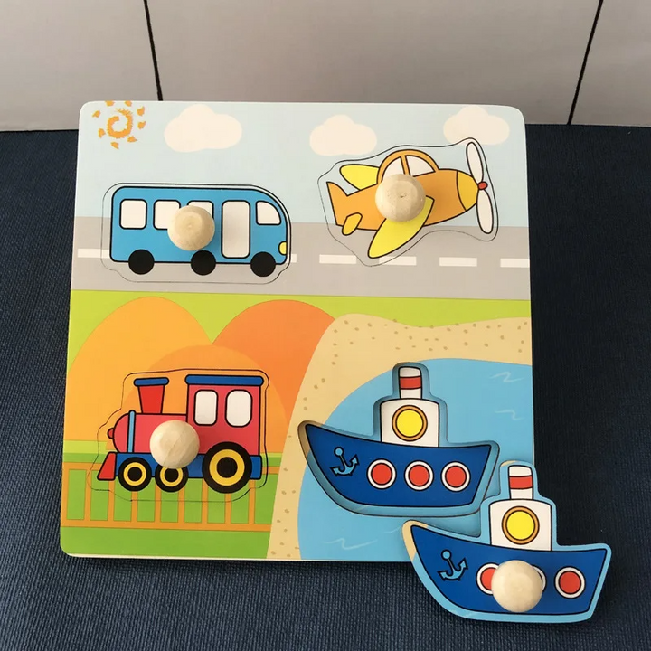 Vehicle wooden peg puzzle with a bus, airplane, train, and boat