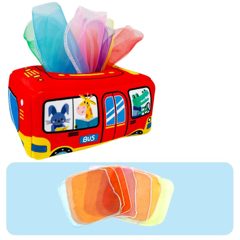 Red bus fabric tissue box with colorful pull-out tissues and eight fabric squares below