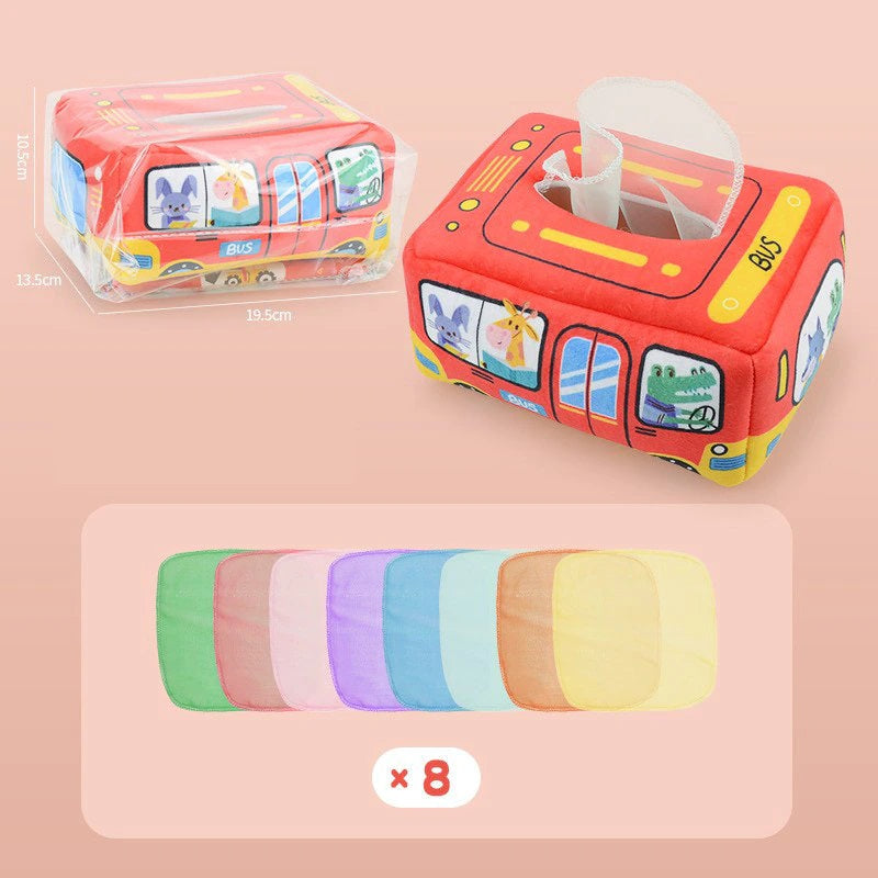 Red bus tissue box shown with a clear bag, measurement labels, and eight fabric tissues