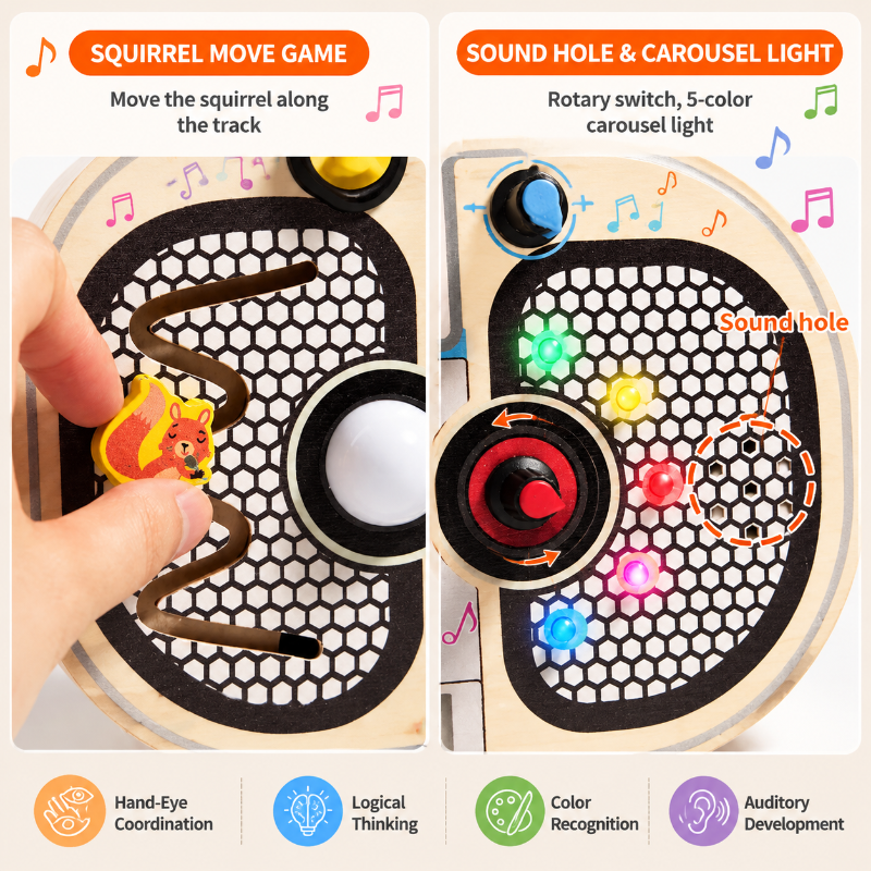 Close-ups of the sliding squirrel track, rotary switch, and colored lights on the wooden busy board
